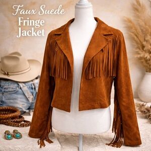 SHEIN Brown Faux Suede Fringe Jacket Western Boho Moto Size M